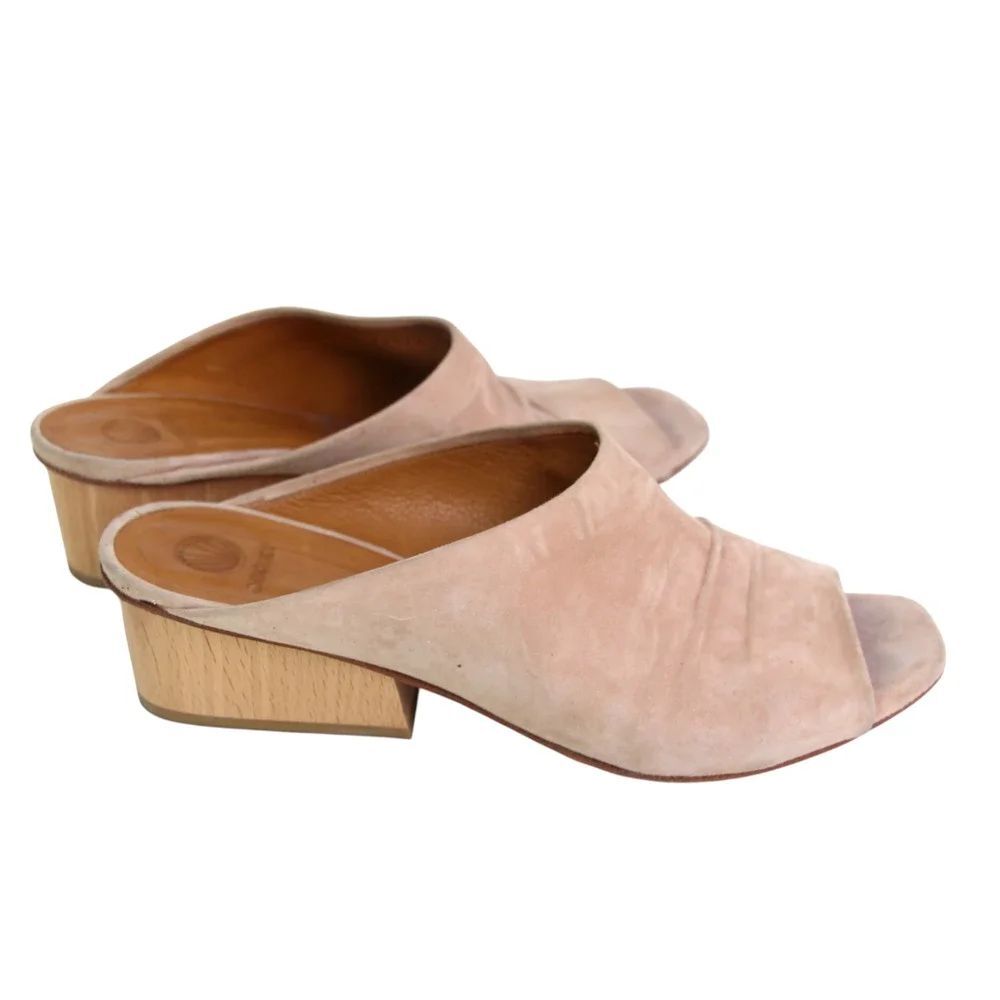 Coclico BEIGE GENUINE LEATHER SUEDE LOW HEEL OPEN TOE SANDALS MULES SHOES Sz 40